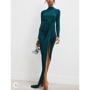 Ronny Kobo Ruched Teal Maxi Dress LARGE Shimmering Jersey Gown Designer $488